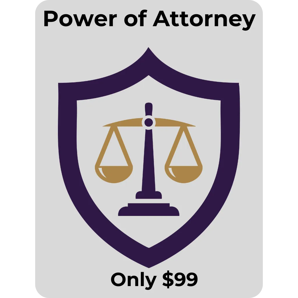 Power of Attorney graphic featuring scales of justice on a shield, promotional price change from $99 to $79, emphasizing affordable legal documents for estate planning.