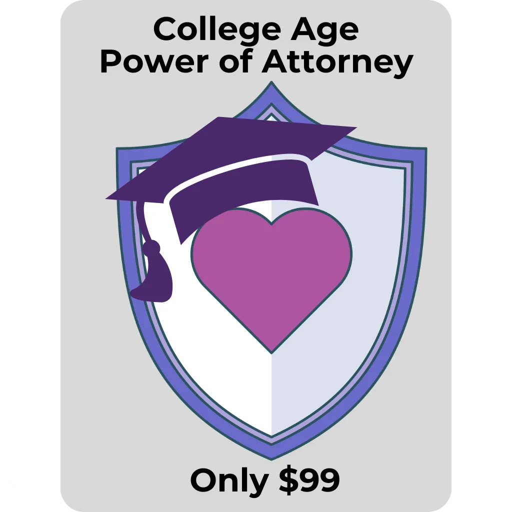 College Age Power of Attorney graphic featuring a shield, graduation cap, and heart, promoting the package for $79.