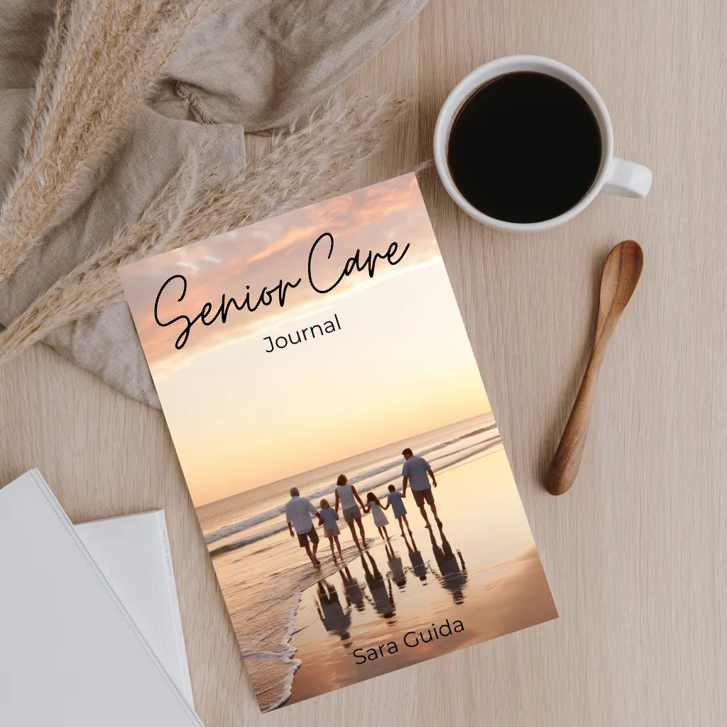 Senior Care Planner workbook open to medication logs with pen and eyeglasses