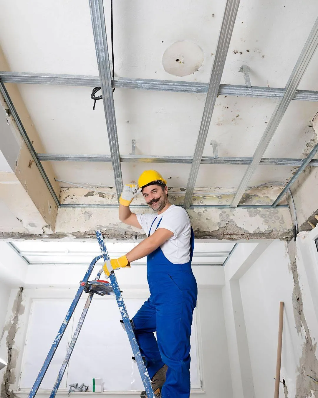 Trockenbauarbeiten auf der Baustelle -Handwerker bei Deckenaufbau