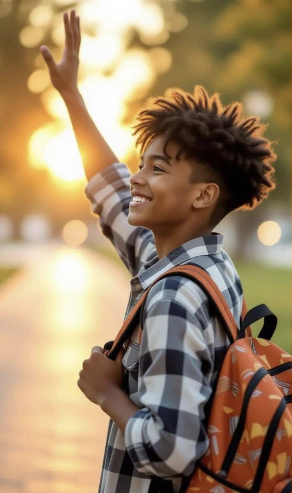 Happy afro-american boy waving  and wearing  knapsack