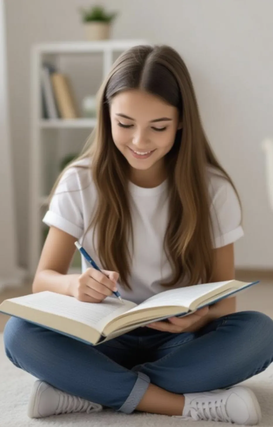 Happy adolescent girl writing in a notebook