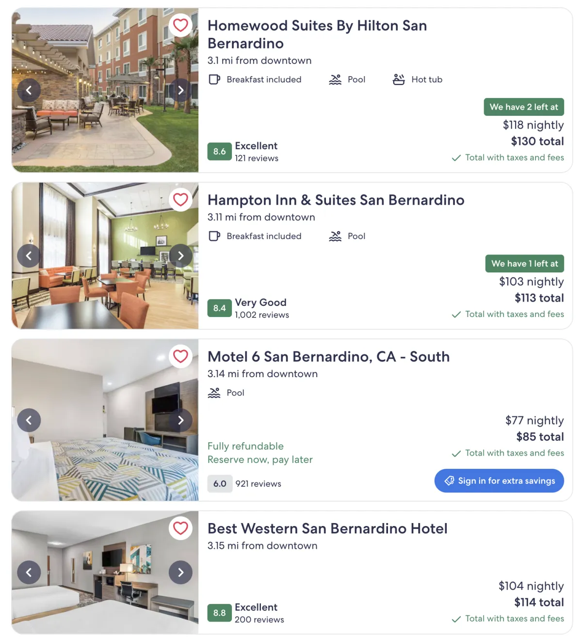 Hotls for Sn Bernardino, CA