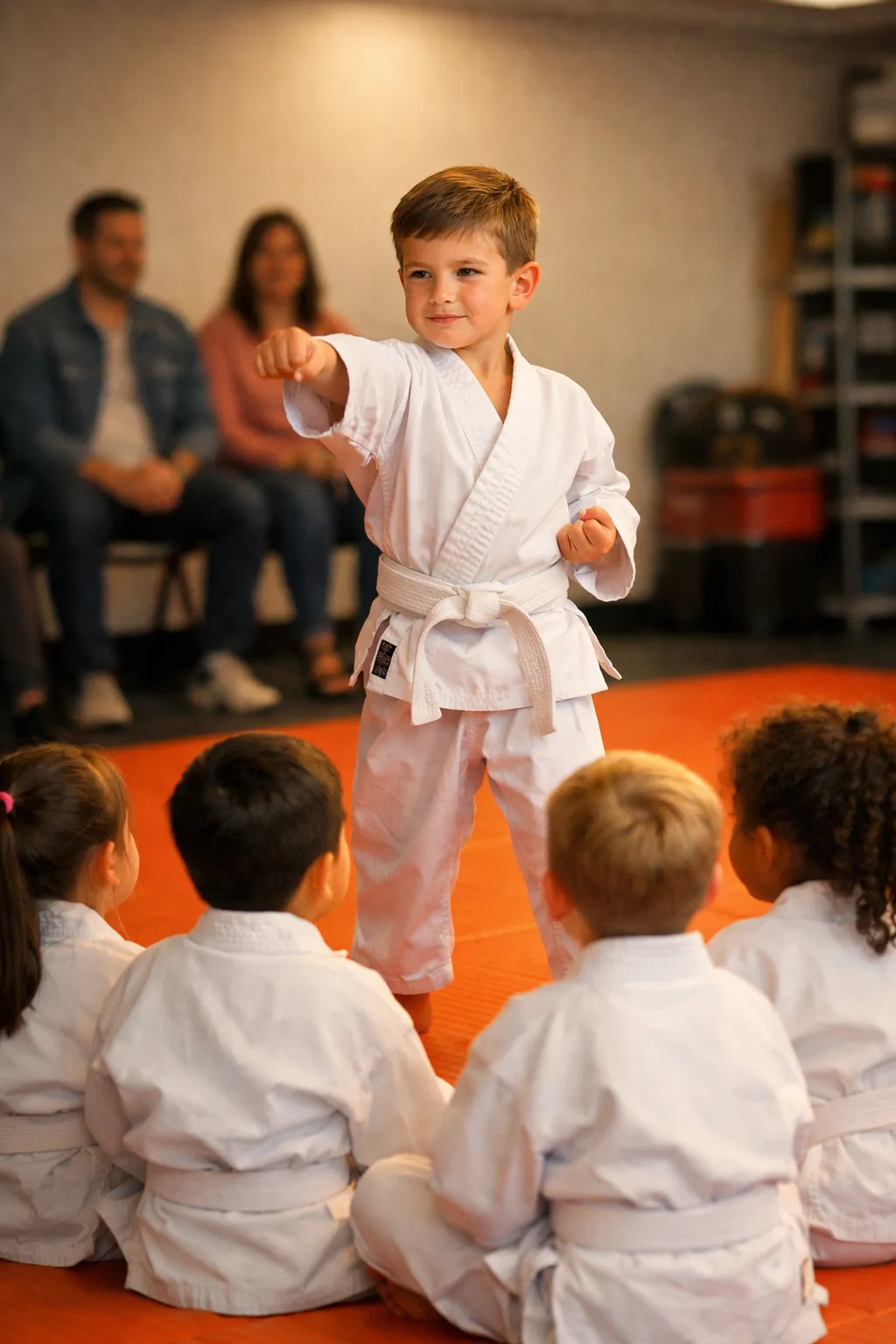 young child demonstrating confidence and leadership in martial arts class while other kids watch and learn