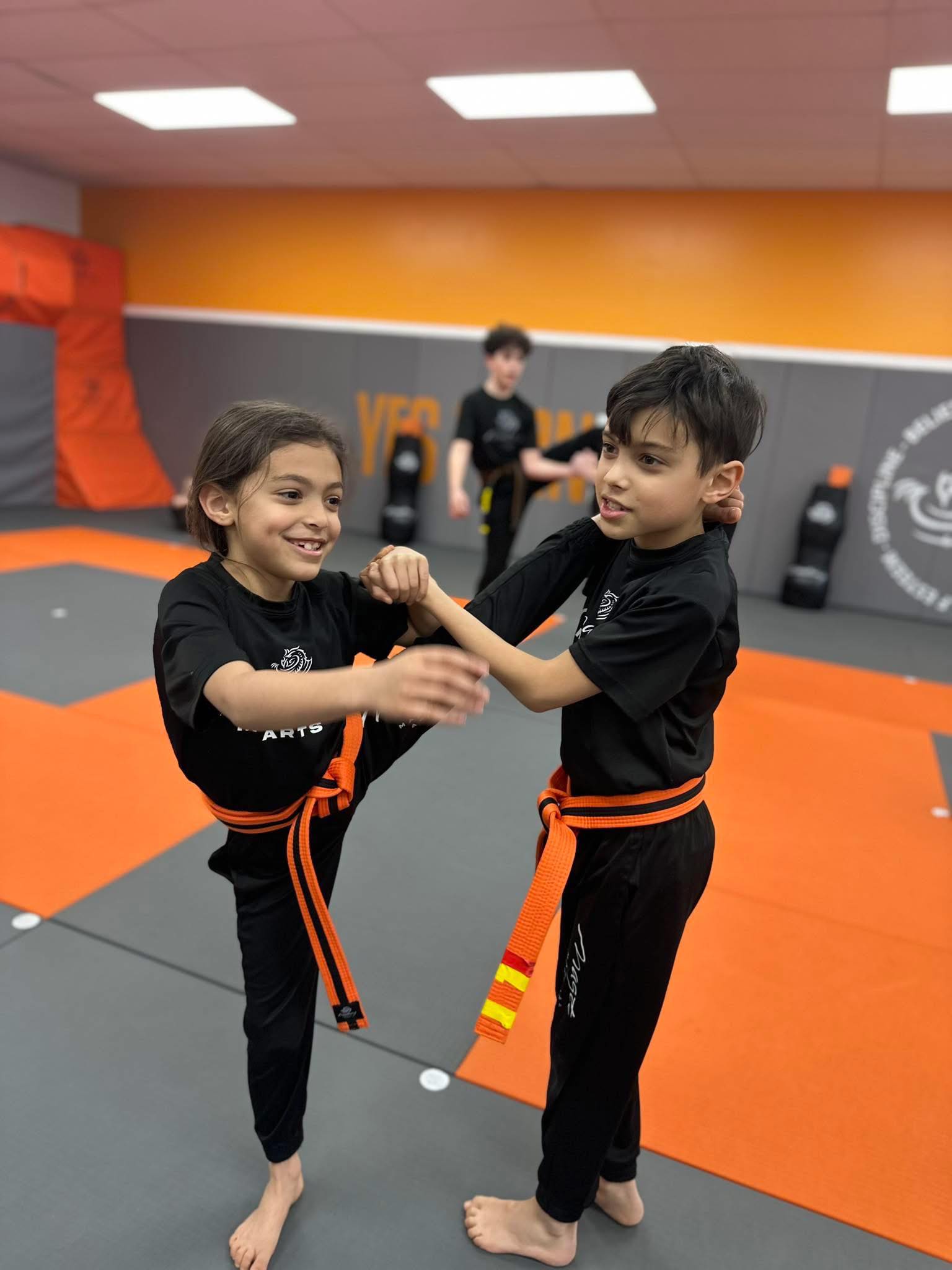 Kids practicing martial arts partner drill building confidence, focus, and coordination in a structured dojo environment