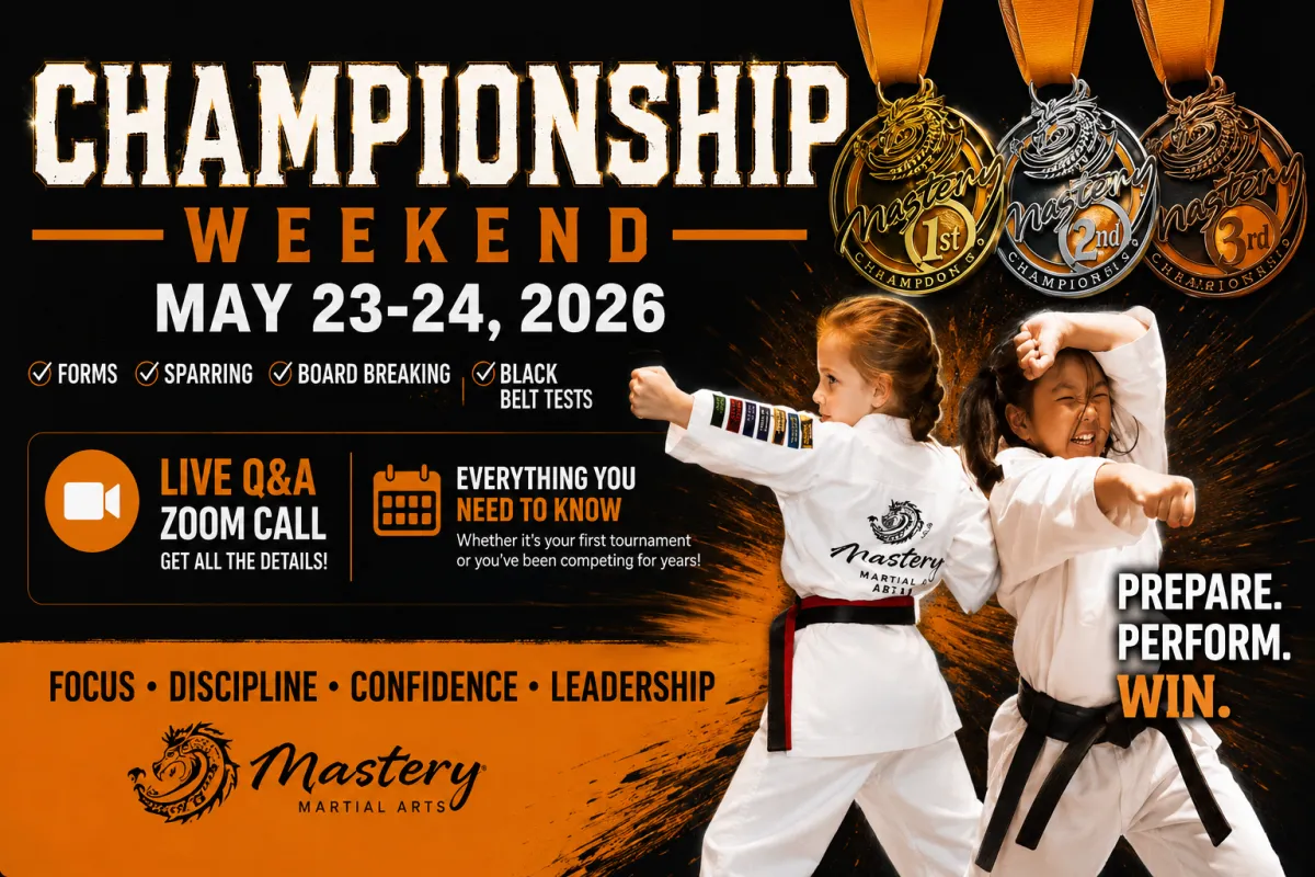 Mastery Martial Arts Championship Weekend 2026 promotional image featuring young martial arts students performing techniques, championship medals, and event details for the Mastery Tournament, Black Belt Testing, and Demo Team Challenge happening May 23–24 at Bally’s Twin River Casino.
