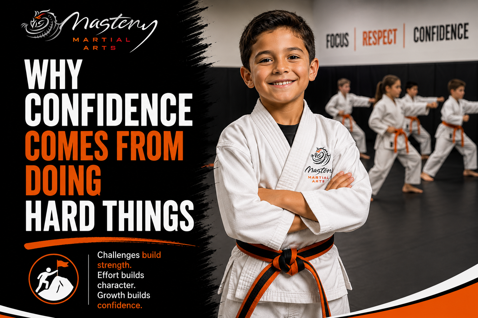 Confident young Mastery Martial Arts student standing proudly after learning that challenges, effort, and perseverance build confidence and self-belief.
