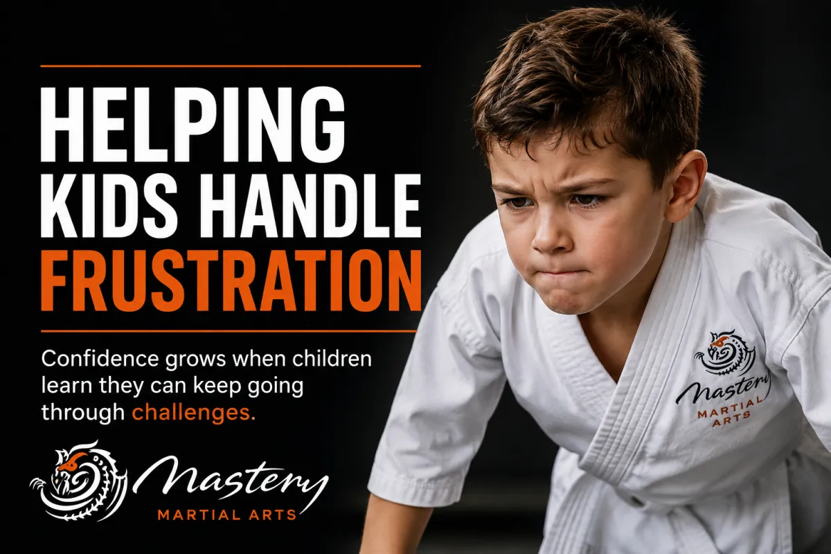 Child learning resilience and confidence while working through frustration during martial arts training.