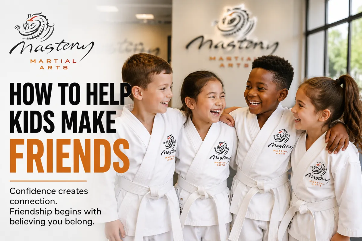 Four diverse children in white Mastery Martial Arts uniforms smiling together and building confidence through friendship and belonging.