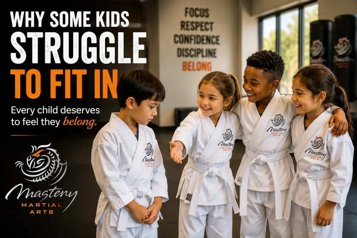 Diverse group of children in white Mastery Martial Arts uniforms welcoming another child and helping them build confidence, friendship, and a sense of belonging.