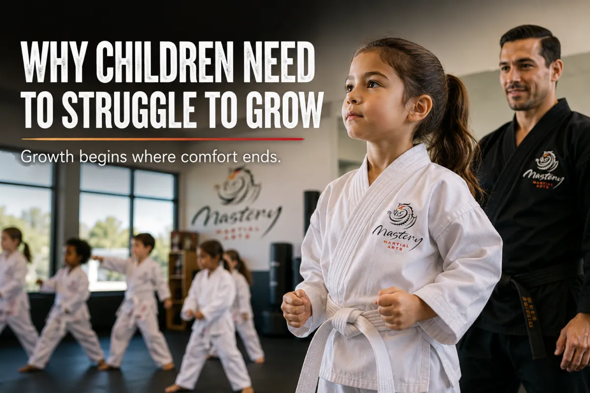 Young girl in a white Mastery Martial Arts uniform preparing to face a challenge while learning confidence through healthy struggle.