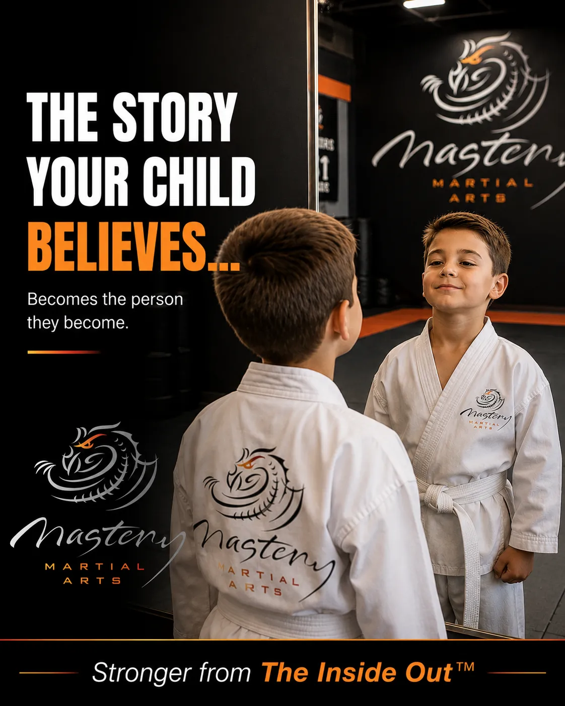 Young Mastery Martial Arts student looking confidently at their reflection while building self-belief, confidence, and a positive identity.