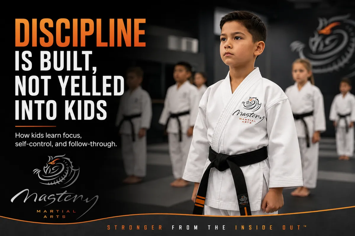 Focused child in a Mastery Martial Arts uniform standing calmly in class while learning discipline, focus, and self-control.