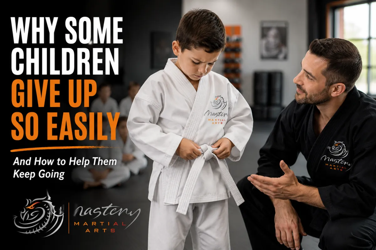 A young Mastery Martial Arts student learns perseverance while an instructor offers encouragement without taking over, showing how confidence grows through overcoming challenges.