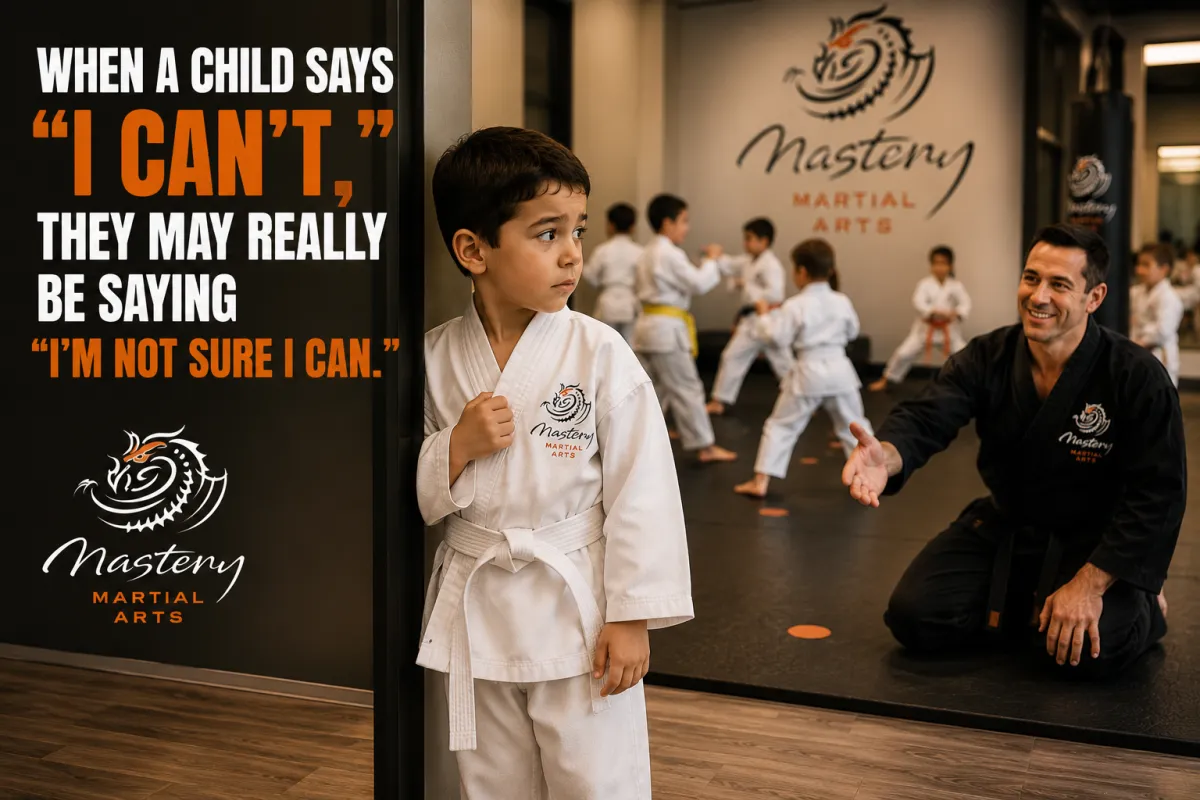 Hesitant child standing at the edge of a Mastery Martial Arts class while a supportive instructor encourages them to take the first step.