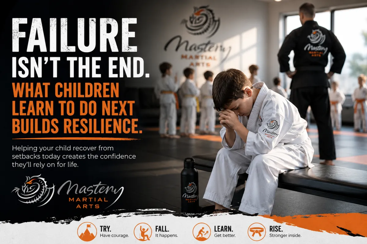 Disappointed Mastery Martial Arts student reflecting after a setback as classmates continue training, showing how children build resilience by learning to recover and try again.