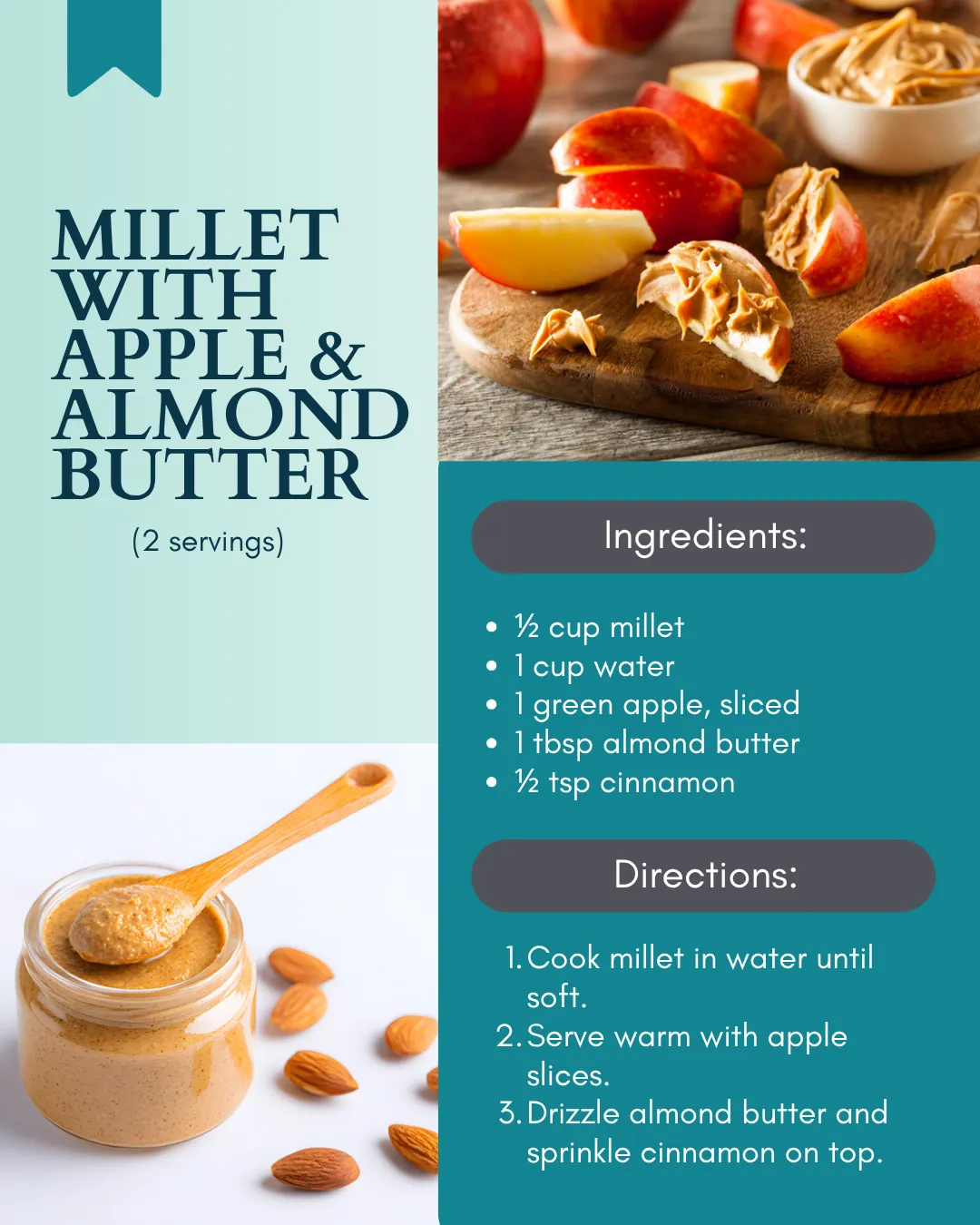 A display of millet with apple slices and almond butter