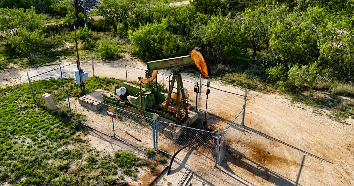 Aerial view of an oil pumpjack operating near the City of Forsan, Texas, highlighting the community's oil and energy heritage.