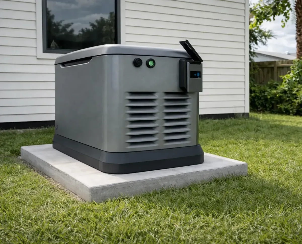 Standby generator installed outside a residential home, maintained for reliable backup power