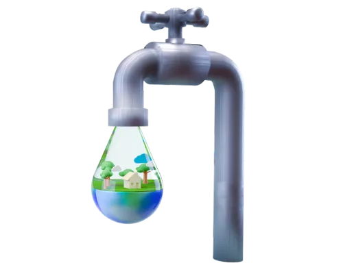Tap with water dropping out of the spout. Inside the water droplet contains a picture of a home surrounded by trees 
