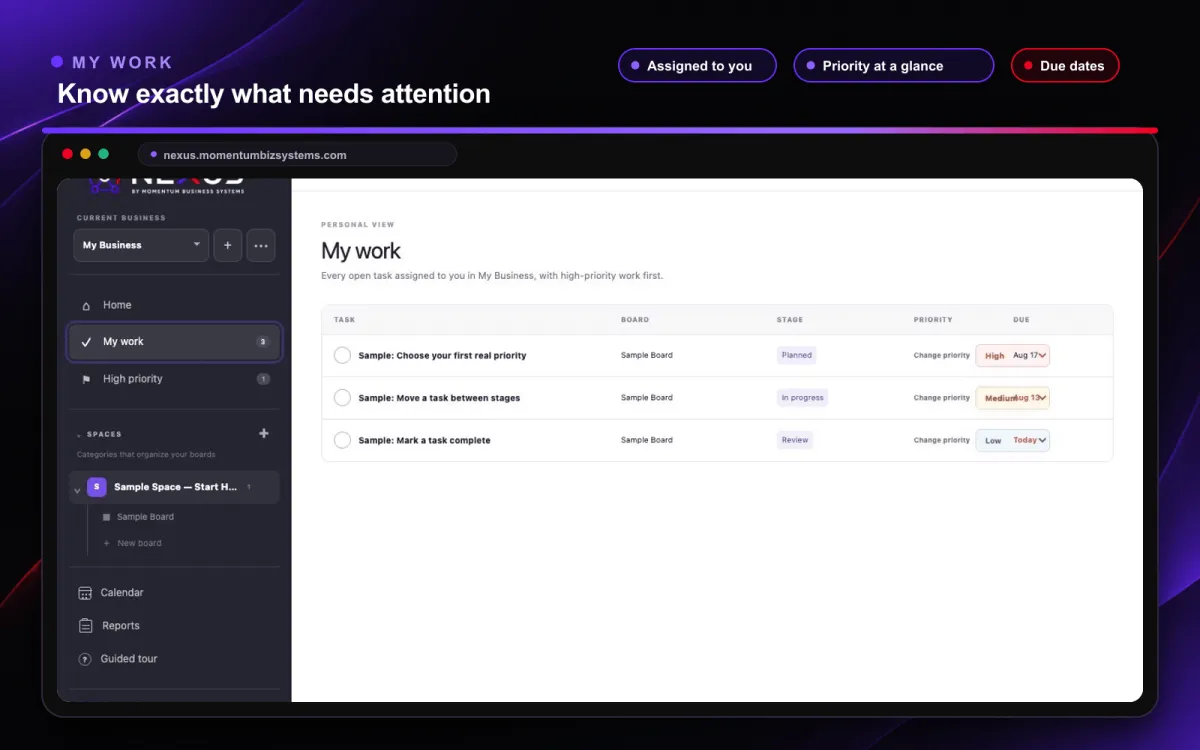 Nexus My Focus dashboard with assigned actions and priorities