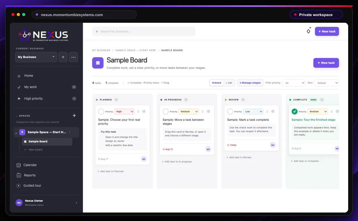 Nexus board workspace showing stages and real tasks