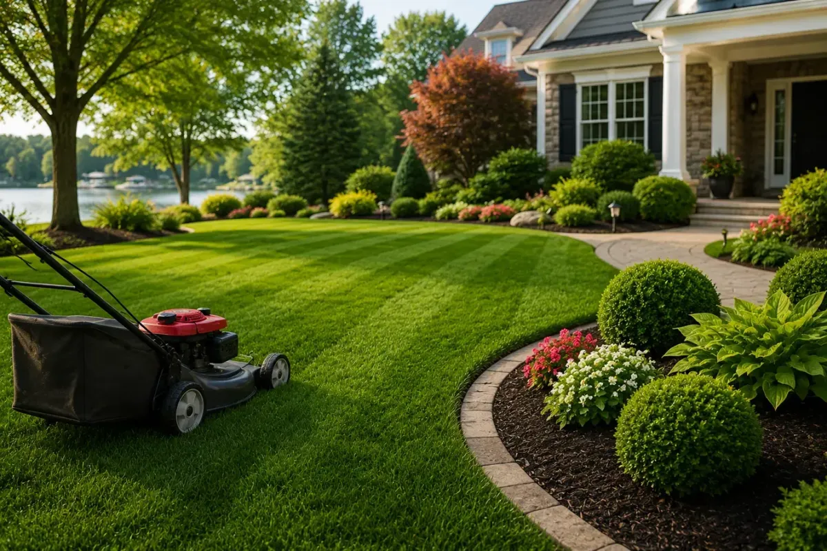 Freshly mowed lakeside lawn with mower and landscaped flower beds