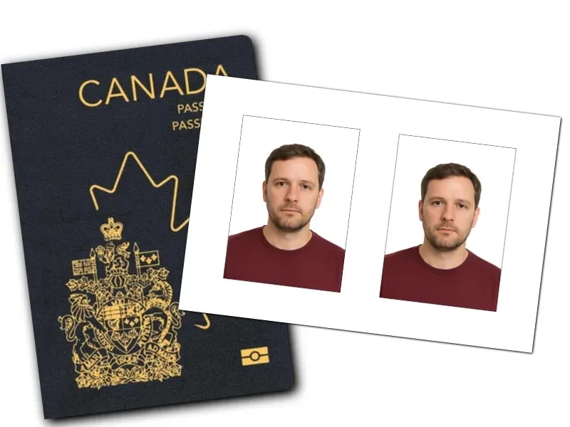 Sample Canadian passport photo print — two identical 50mm × 70mm passport photos on a 10x15cm photographic sheet, shown alongside a current Canadian passport, prepared to IRCC specifications at Gold Coast Passport Photography.