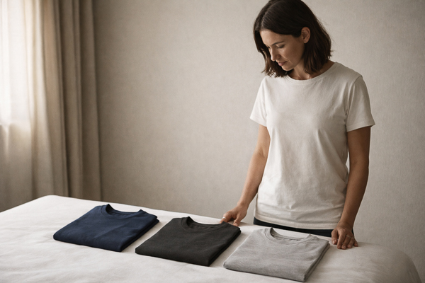 A young woman stands beside a bed in a softly lit, neutral-toned room, looking down calmly at three neatly folded tops in navy, charcoal, and soft grey deciding what to wear for her passport photo..