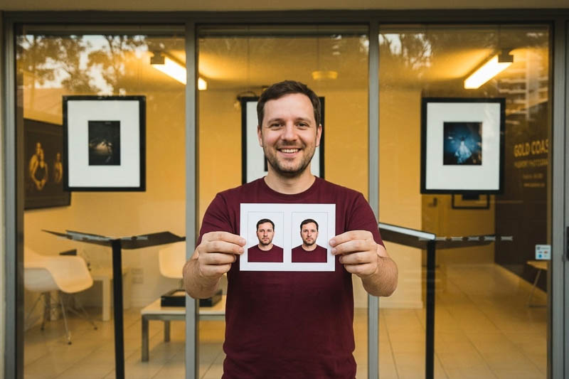 Woman holding Australian passport photo prints, smiling, Gold Coast Passport Photography studio