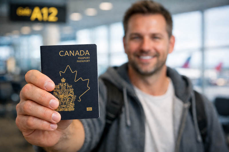 Happy Canadian Traveller with Passport photo from Gold Coast Passport Photography