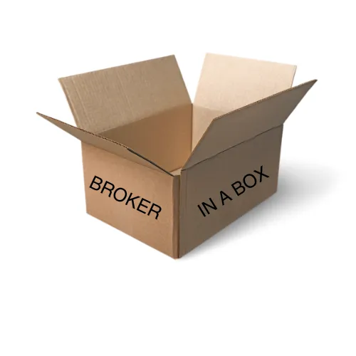 A cardboard box with the words "broker in a box" on it