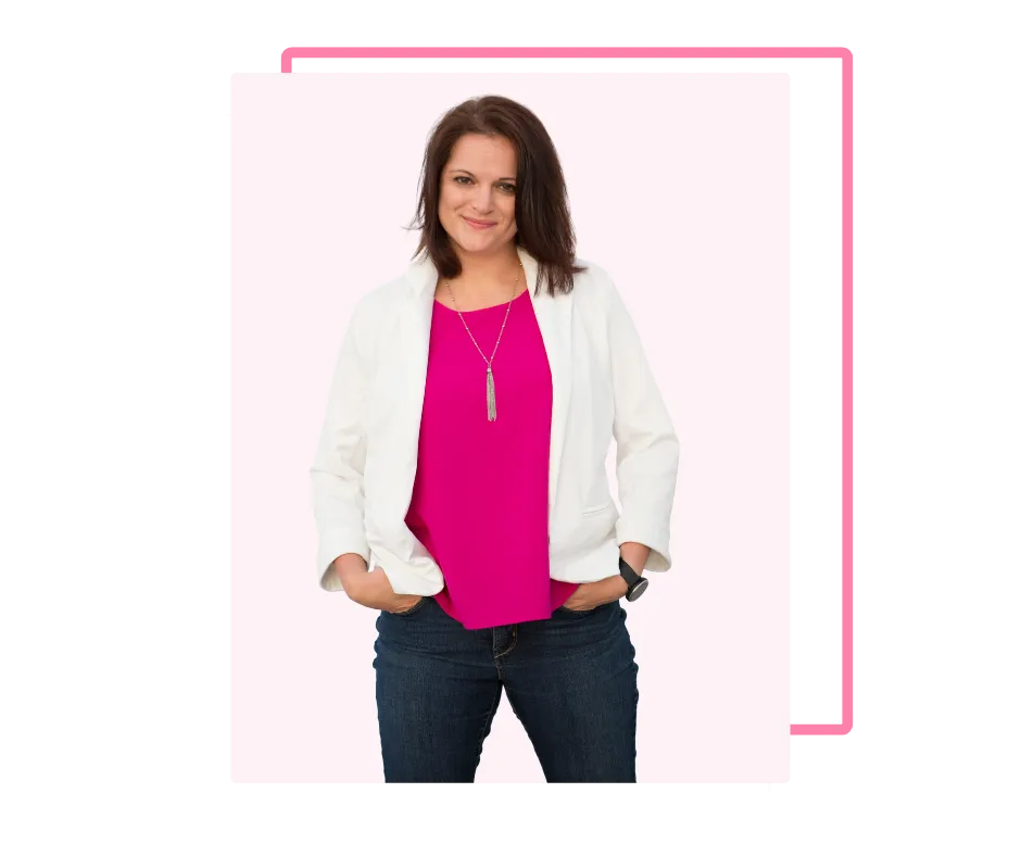 Mandy McGowan standing confidently in a white jacket and pink top, hands in pockets, representing supportive financial guidance