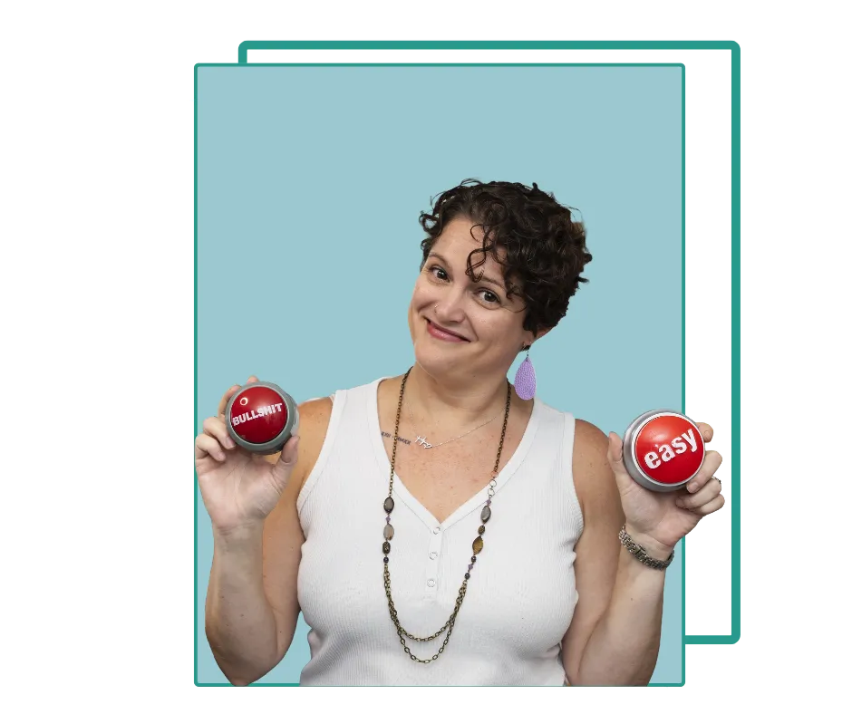 Mandy McGowan smiling while holding two red buttons labeled ‘difficult’ and ‘easy,’ representing simplified financial decisions