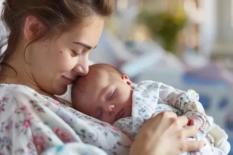 Mother holding sleeping newborn baby after birth