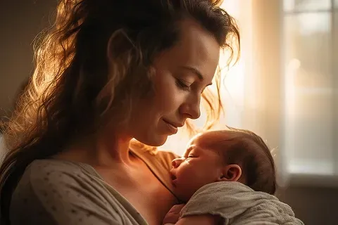 Mother cuddling sleeping newborn baby at home