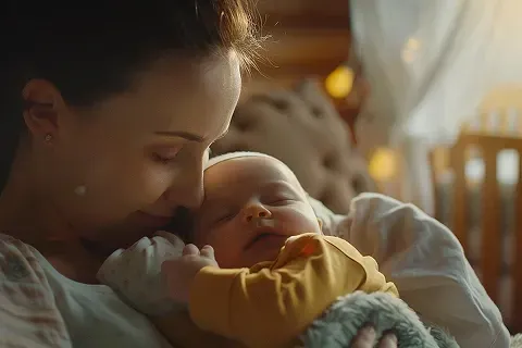 Mother holding newborn baby in natural light