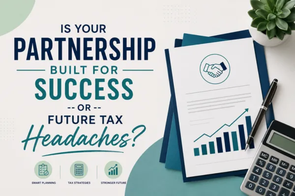 Business partnership tax planning graphic featuring financial documents, calculator, and a cover design for an article on partnership tax strategies.