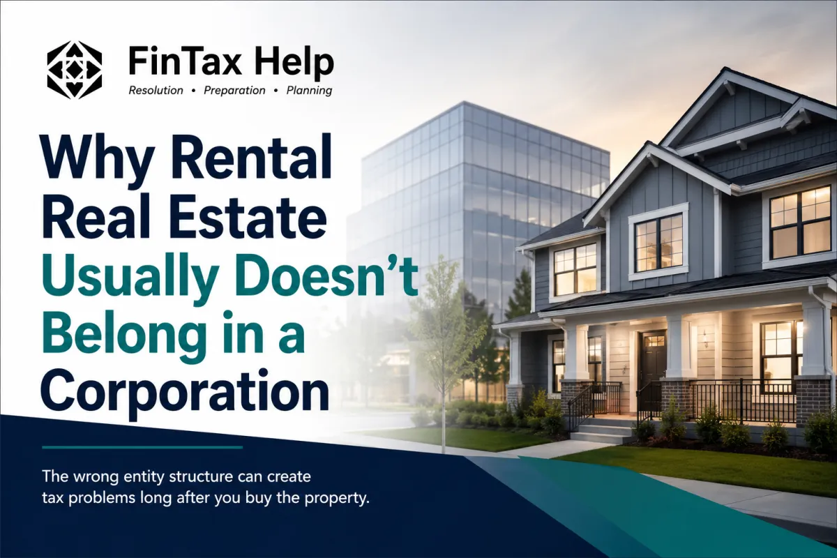 FinTax Help infographic comparing corporations with LLCs and partnerships for rental real estate, highlighting tax complications, flexibility, and long-term planning considerations.