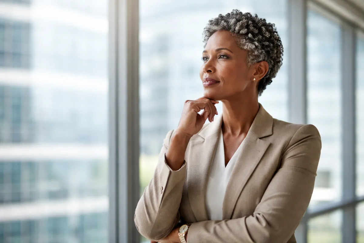 Man in suit thinking in modern office environment.