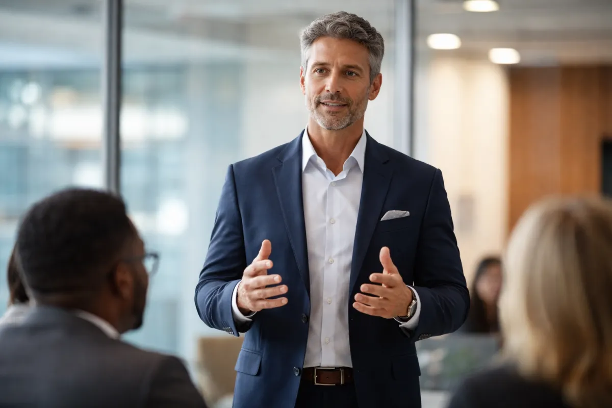 group of four people smiling sitting around white boardroom table