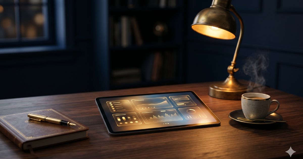 Vintage brass balance scale weighing gold weights against crumpled marketing papers in cinematic editorial lighting