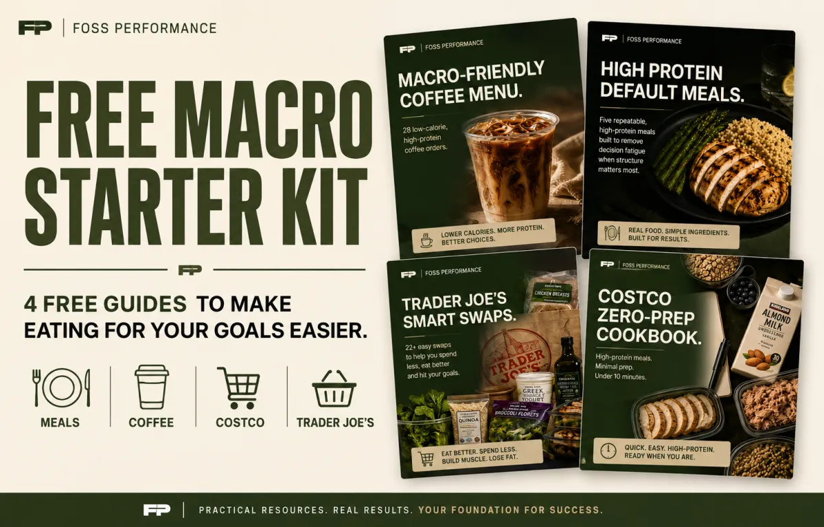 Foss Performance FREE Macro Starter Kit product graphic showing 4 nutrition guides