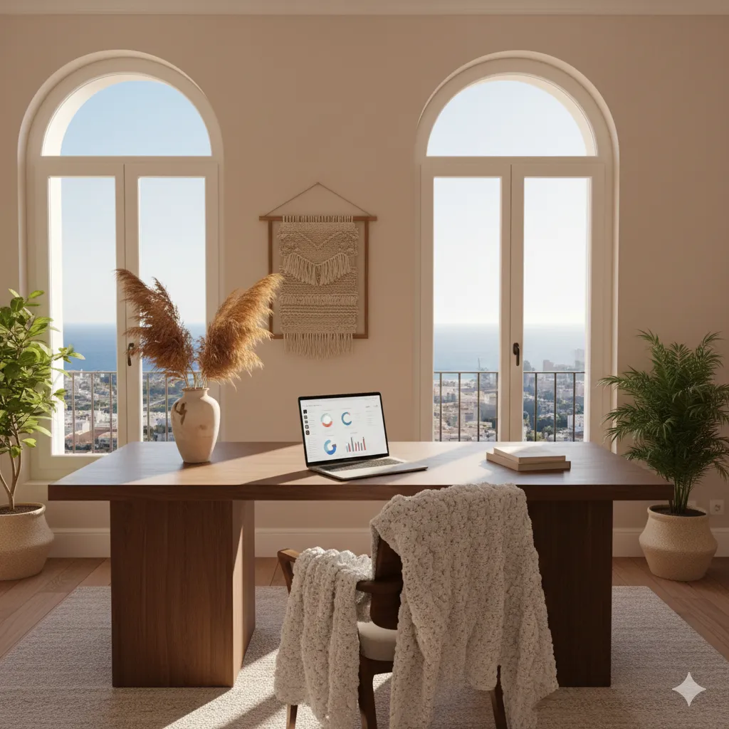 uxury minimalist CEO workspace with Mediterranean sea view, representing the strategic business scaling and operational calm provided by Rebel for Business VIP partnerships.