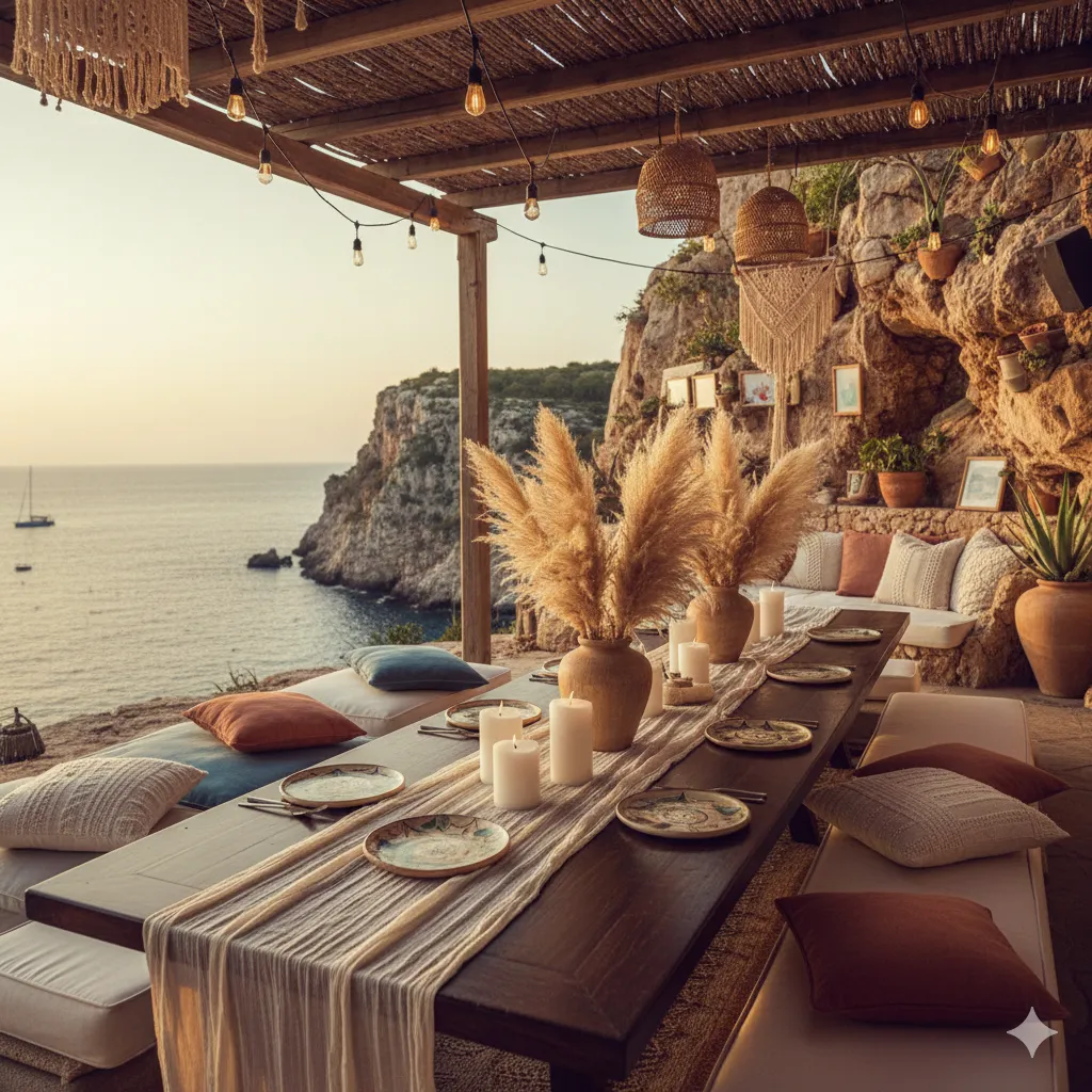 An illustrative example of the Ibiza boho-chic style of our exclusive Rebel Escapes; a luxury sunset dinner setting on a Mediterranean cliffside featuring pampas grass, candles, and natural textures for high-level female founders