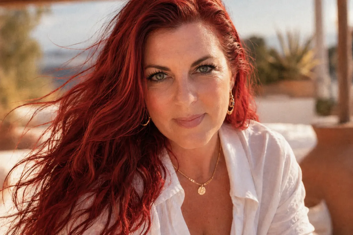 Woman with wavy red hair blowing gently in the wind staring directly at the camera