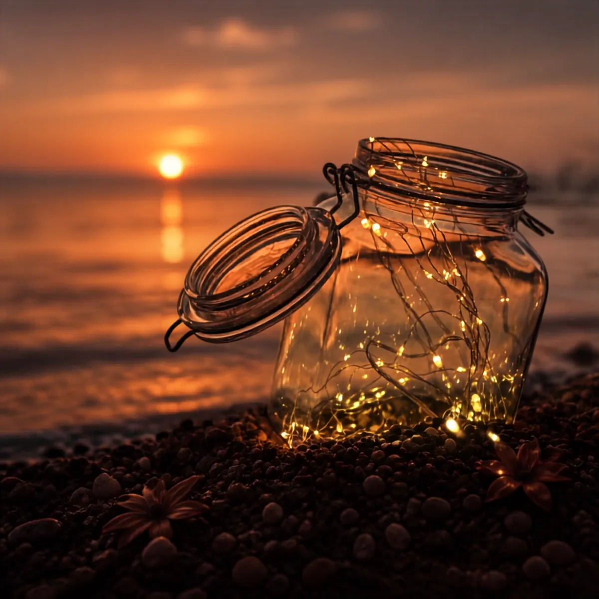 jar on a beach full of fairy lights