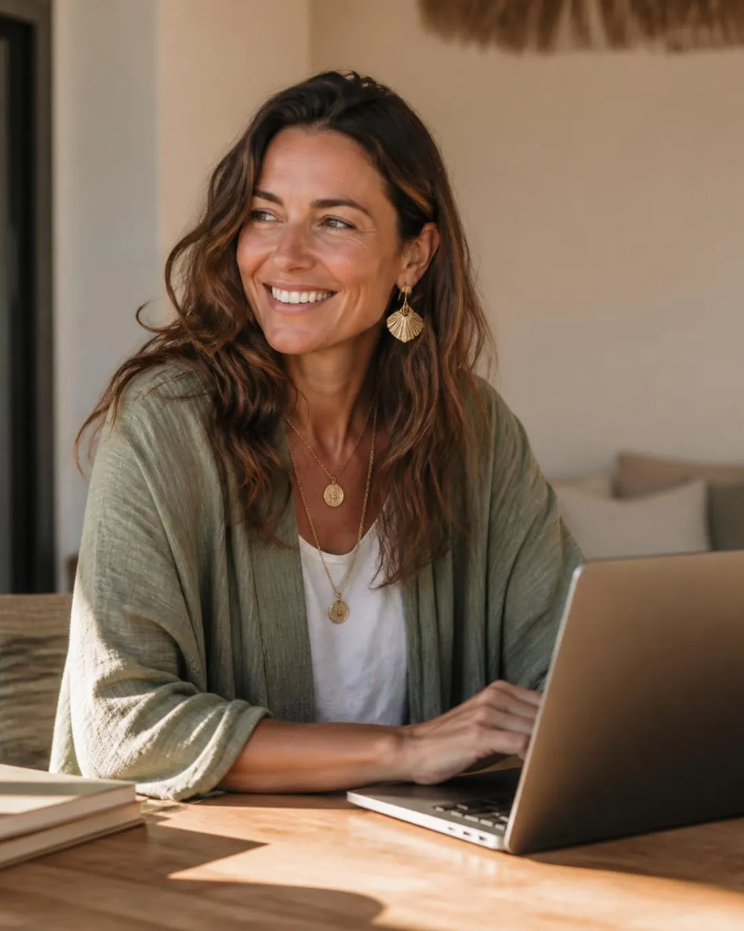 A woman with long dark hair, boho chic looking left and smiling whilst typing on laptop