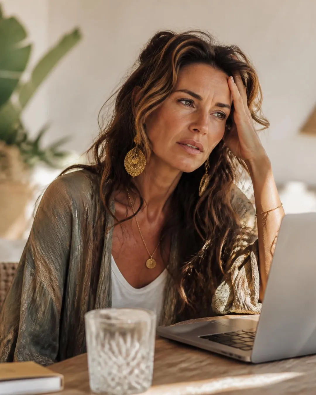 woman with long hair looking thoughtful and a bit lost
