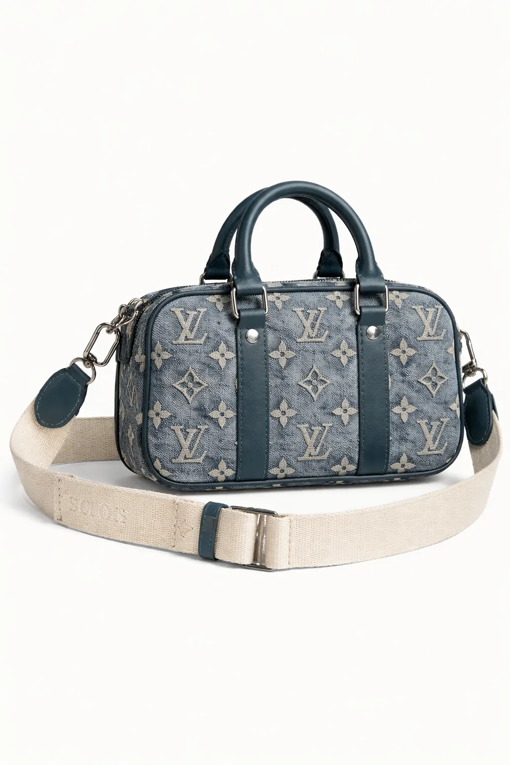 Top handle luxury handbag on stone pedestal